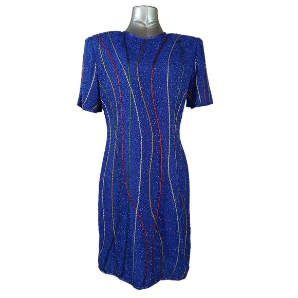 Laurence Kazar Dresses & Skirts - VTG Laurence Kazar New York Silk Beaded Cocktail Dress Royal Blue Wave 80s 90s L
